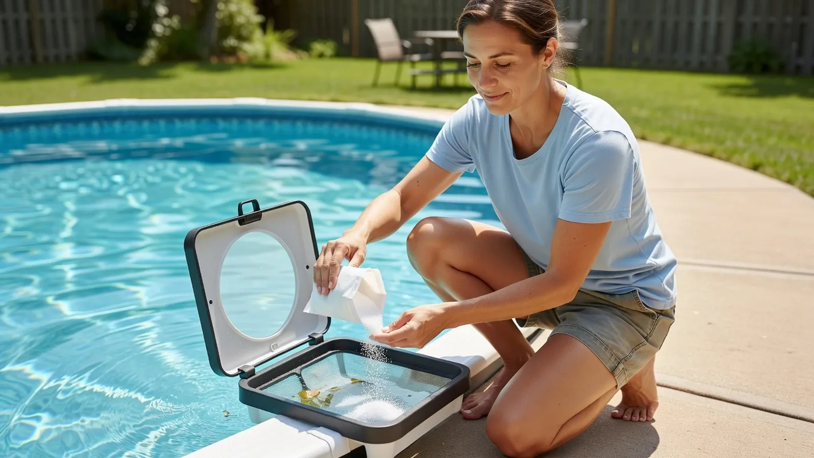 Femme plaçant du chlore Pool Champion dans le skimmer d'une piscine de jardin.