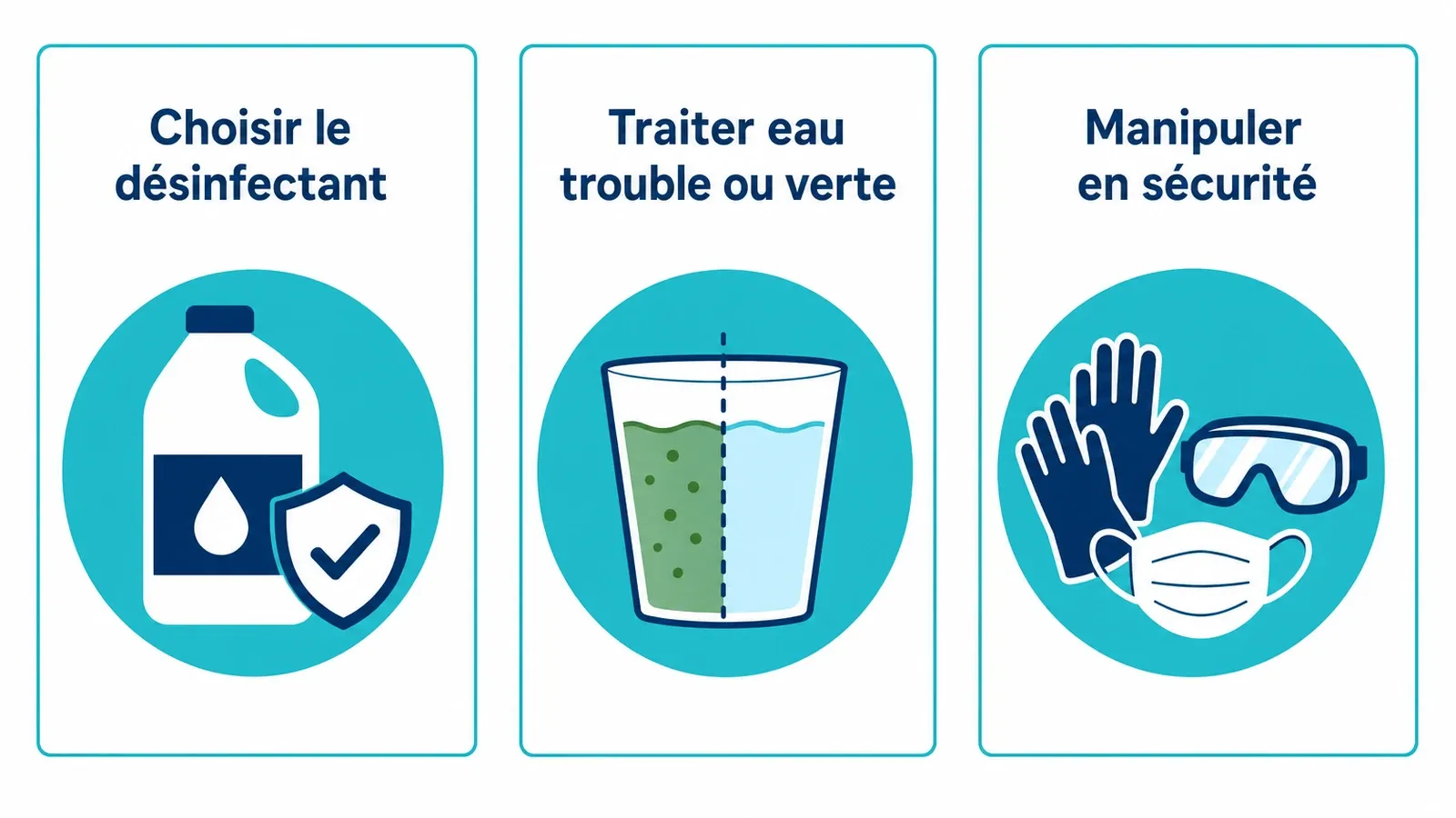 Schéma des trois étapes essentielles pour choisir et utiliser les produits d'entretien piscine.