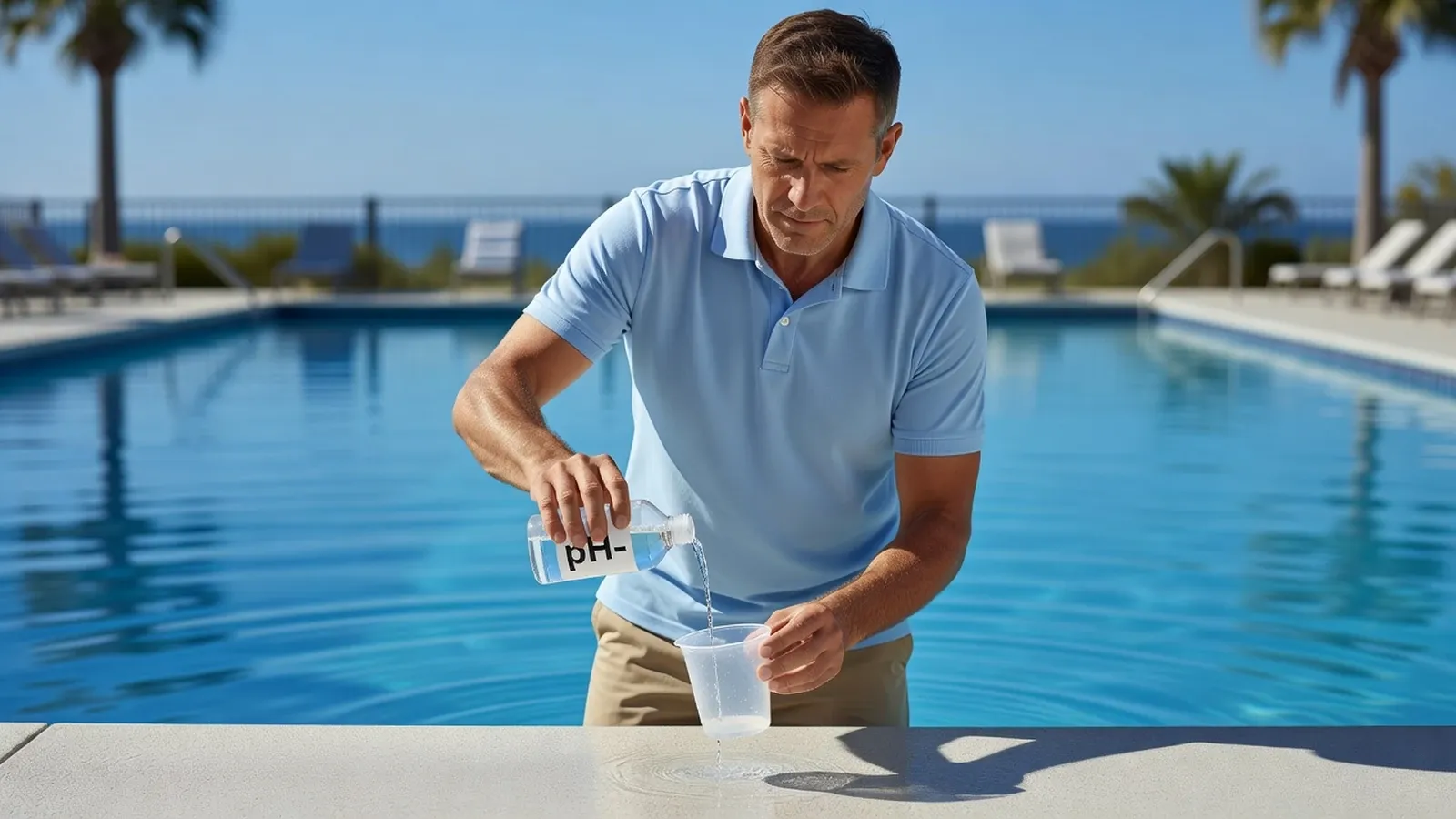 Homme dosant précisément du pH liquide avant de l'ajouter à l'eau de sa piscine.