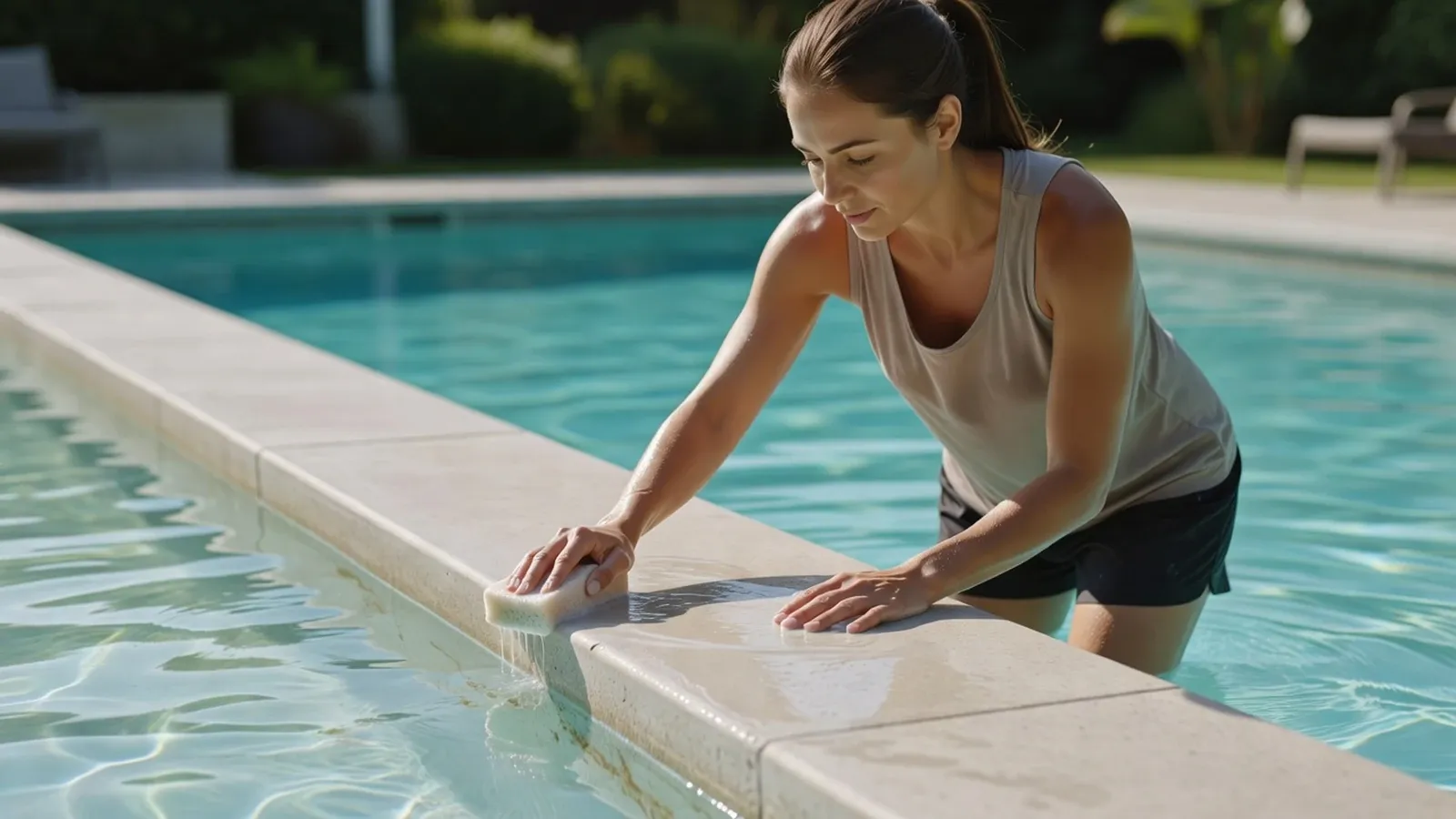 Femme nettoyant la ligne d'eau de sa piscine avec un produit d'entretien adapté.