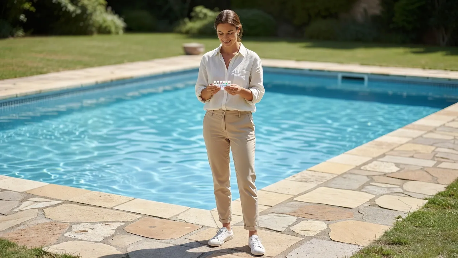 Une femme contrôle le kit d'analyse d'eau sur la terrasse, piscine au sel en arrière-plan.