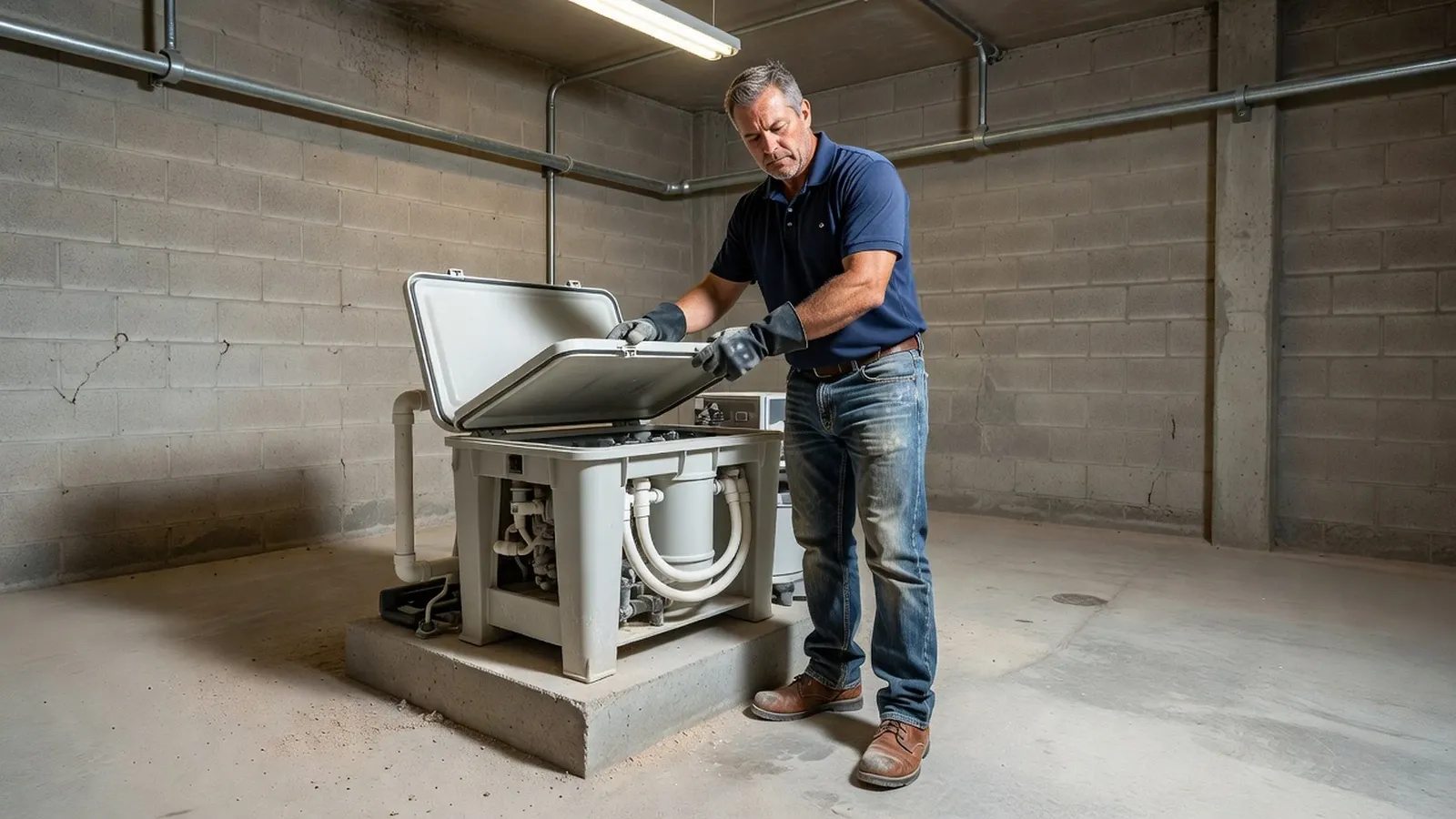 Un homme inspecte l'électrolyseur au sel dans le local technique.