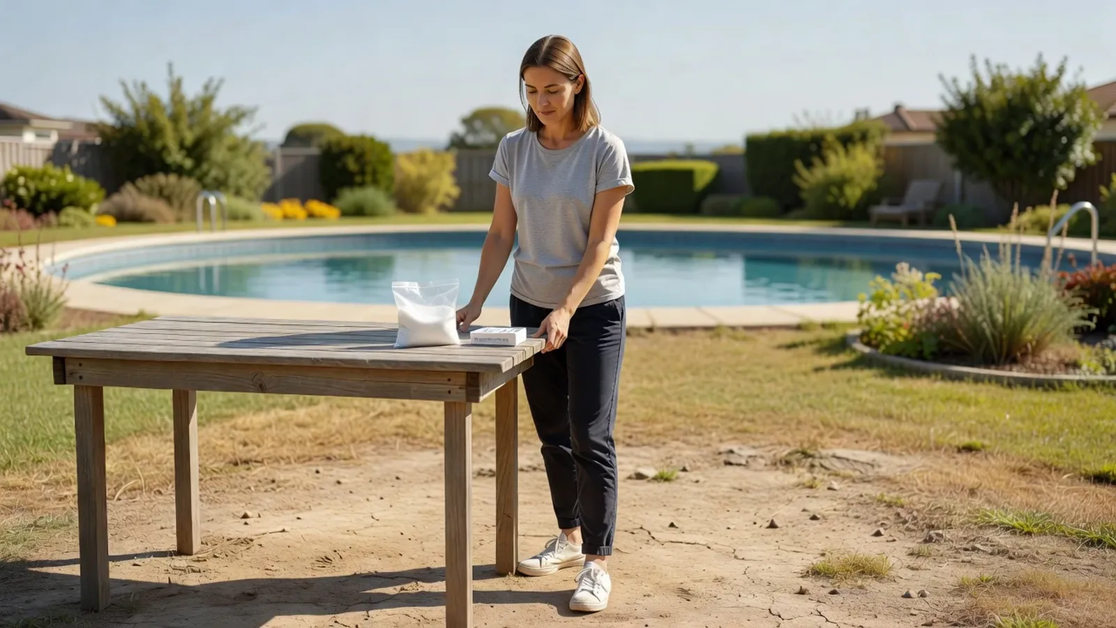 Une femme prépare le sel et les bandelettes de test dans le jardin, près de la piscine.
