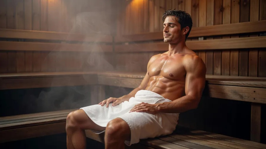 Un homme détendu dans un sauna après l’effort, profitant de la chaleur pour accélérer sa récupération musculaire.