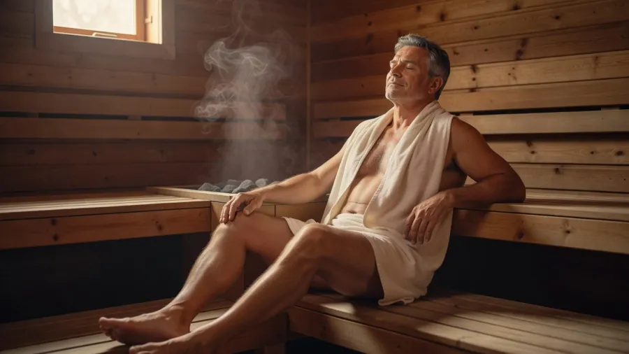 Homme entre 42 et 60 ans détendu dans un sauna traditionnel après une séance de vingt minutes.