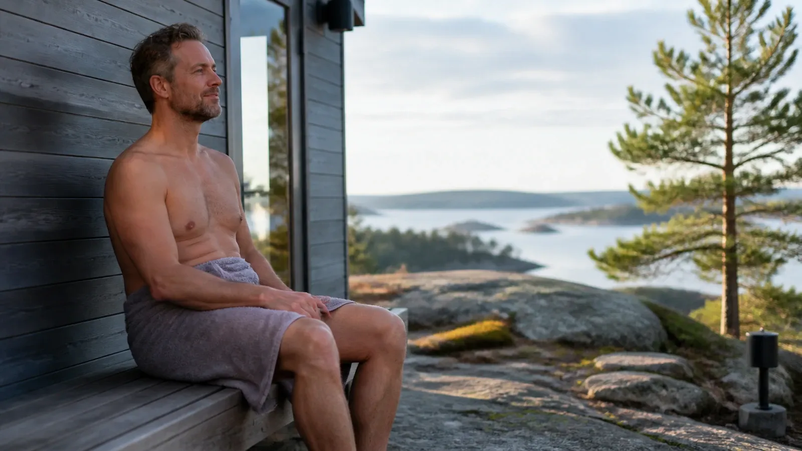 Un homme se reposant en extérieur après une séance de sauna, peau encore chaude et moment de récupération essentiel.