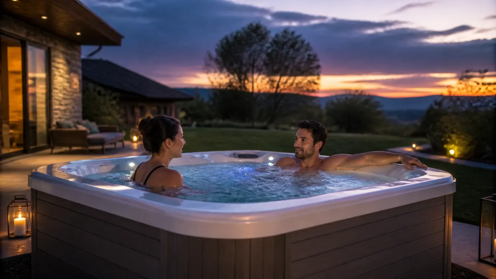Un couple profitant d'un moment de détente dans un spa extérieur choisi selon l'espace et le nombre d'utilisateurs.